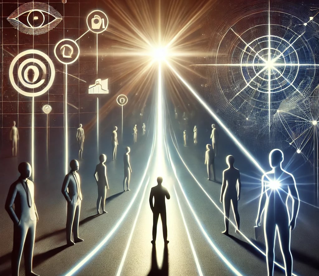 human figures standing in front of a line beaming up to what looks like a star