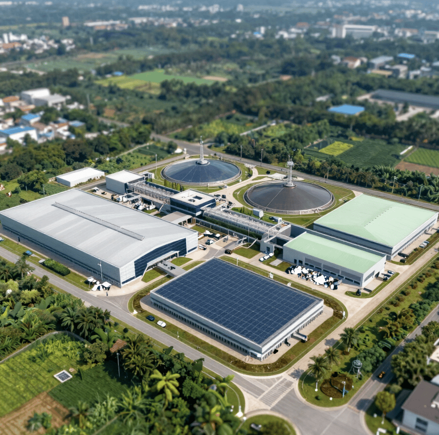 Aerial view of a modern, eco-friendly waste processing facility integrated into a lush green landscape, showing sophisticated architecture and solar arrays, incorporating #1B3A32 and #F0F4EF.