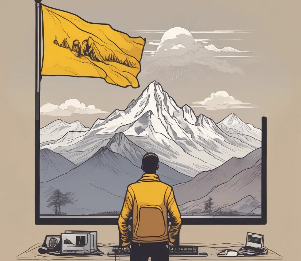 user behind computer looking and mountain peak representing goal