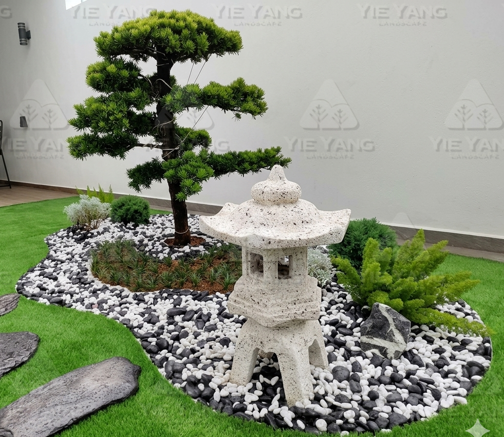 Indoor Japanese zen garden with bonsai pine and stone lantern – Yie Yang Landscape