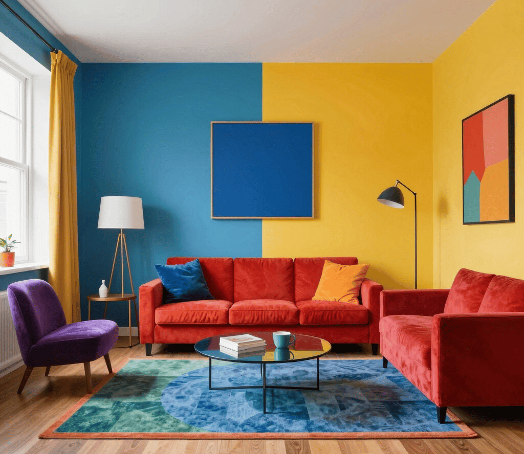 A chaotic color scheme with too many colors clashing in one room, showing visual imbalance