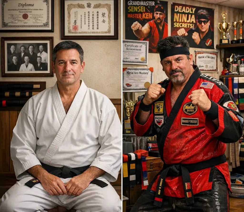 Ultra-realistic hero image of a traditional martial arts dojo featuring a verified instructor in a w