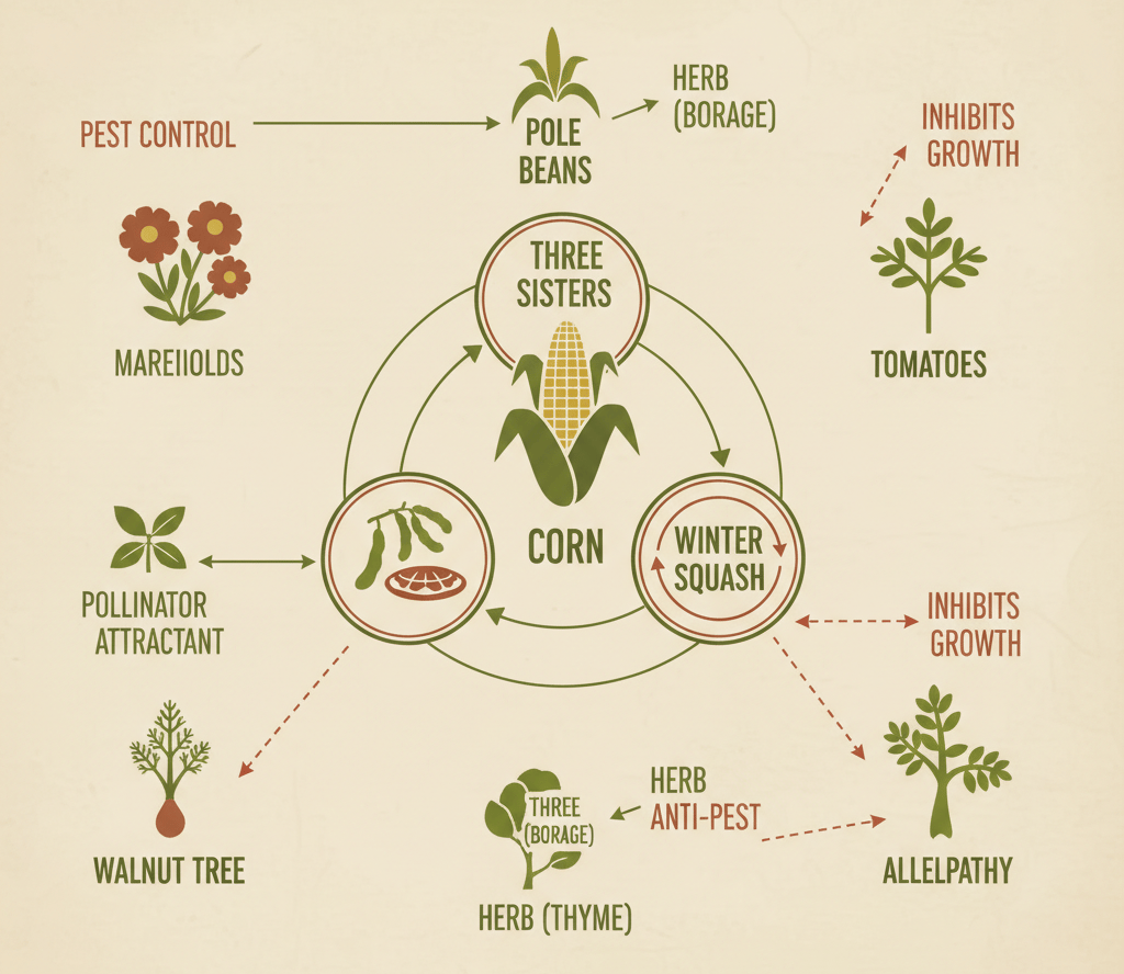 Three Sisters companion planting diagram showing corn, beans, and squash with pest control and growth inhibitors.