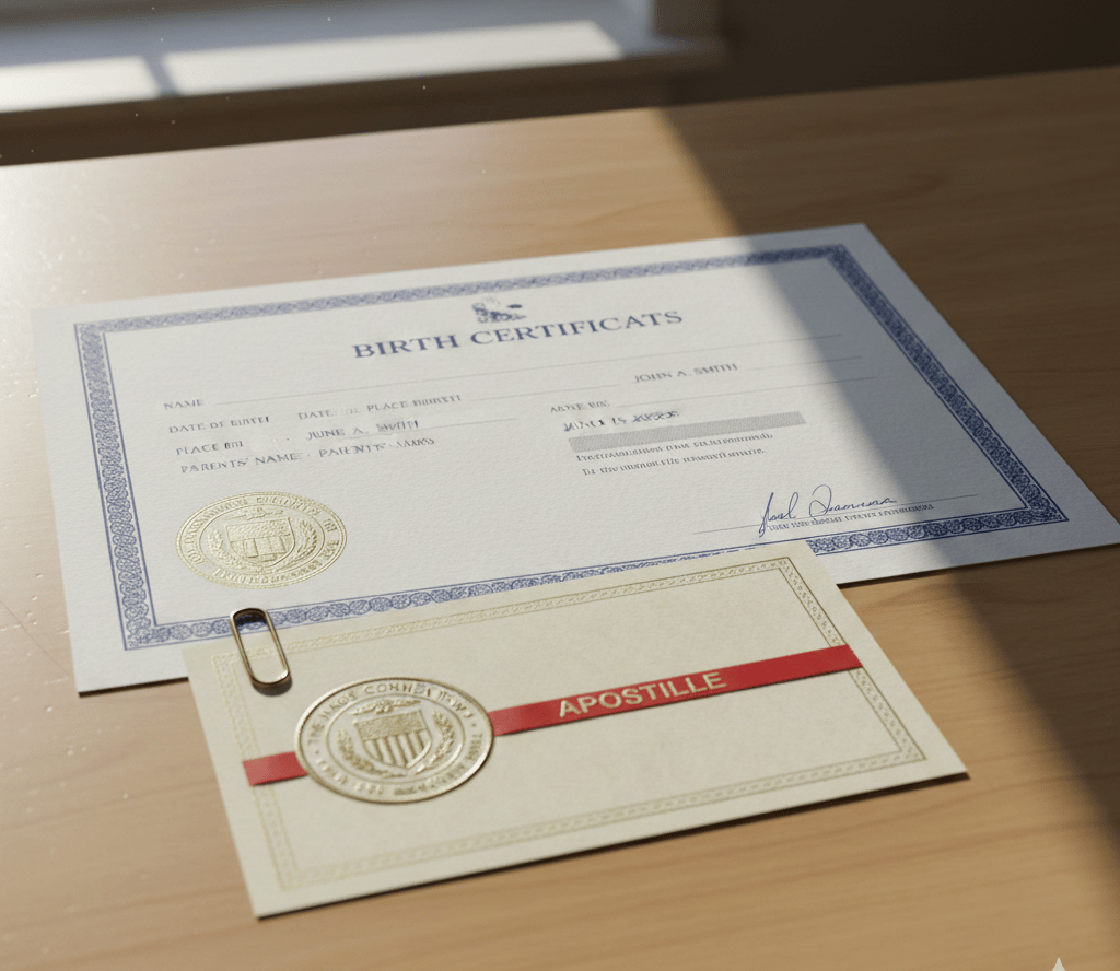 Massachusetts birth certificate prepared for apostille authentication stamped and sealed.