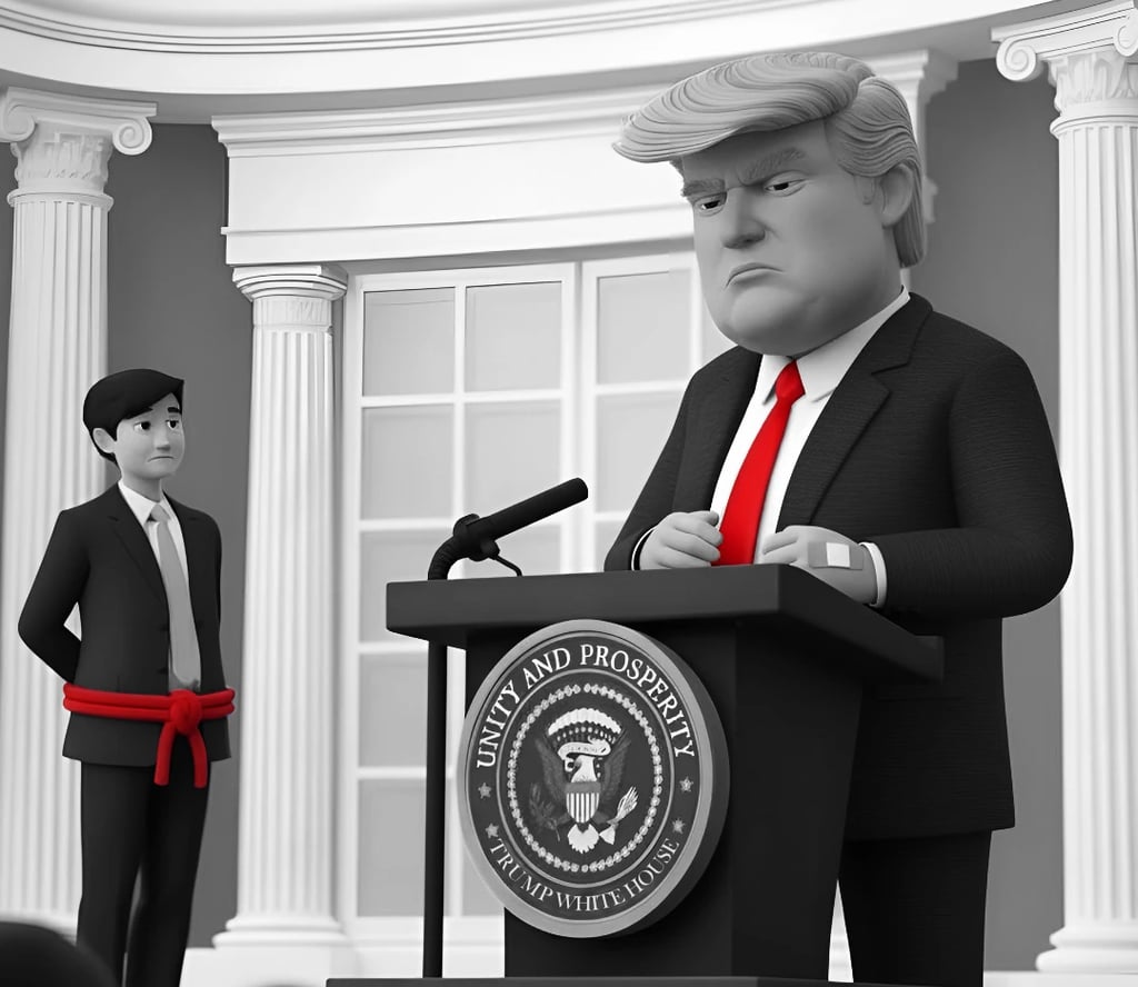 Sign language interpreter stands off to side with hands tied behind his back while Trump speaks.