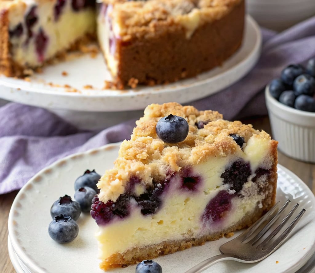 Blueberry cream cheese coffee cake with crumb topping, sliced and served on a white plate.