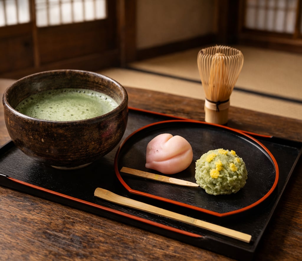 Authentic Japanese tea ceremony still life featuring matcha bowl, wagashi confectionery, bamboo whis