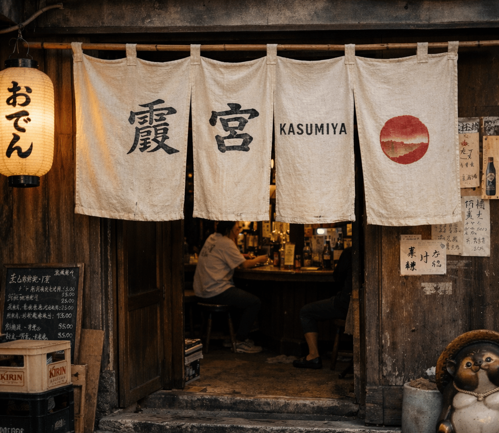 Traditional Kasumiya Izakaya entrance with noren curtains and paper lanterns in a Tokyo alleyway.