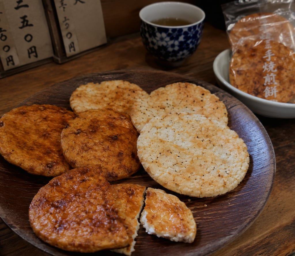Crispy Japanese senbei rice crackers served on a wooden plate with green tea.