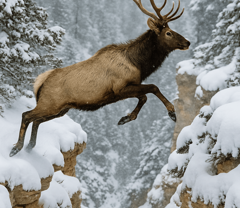 Elk leaping between snowy cliffs in winter forest, representing wild animal movement, survival adaptation, and remote terrain