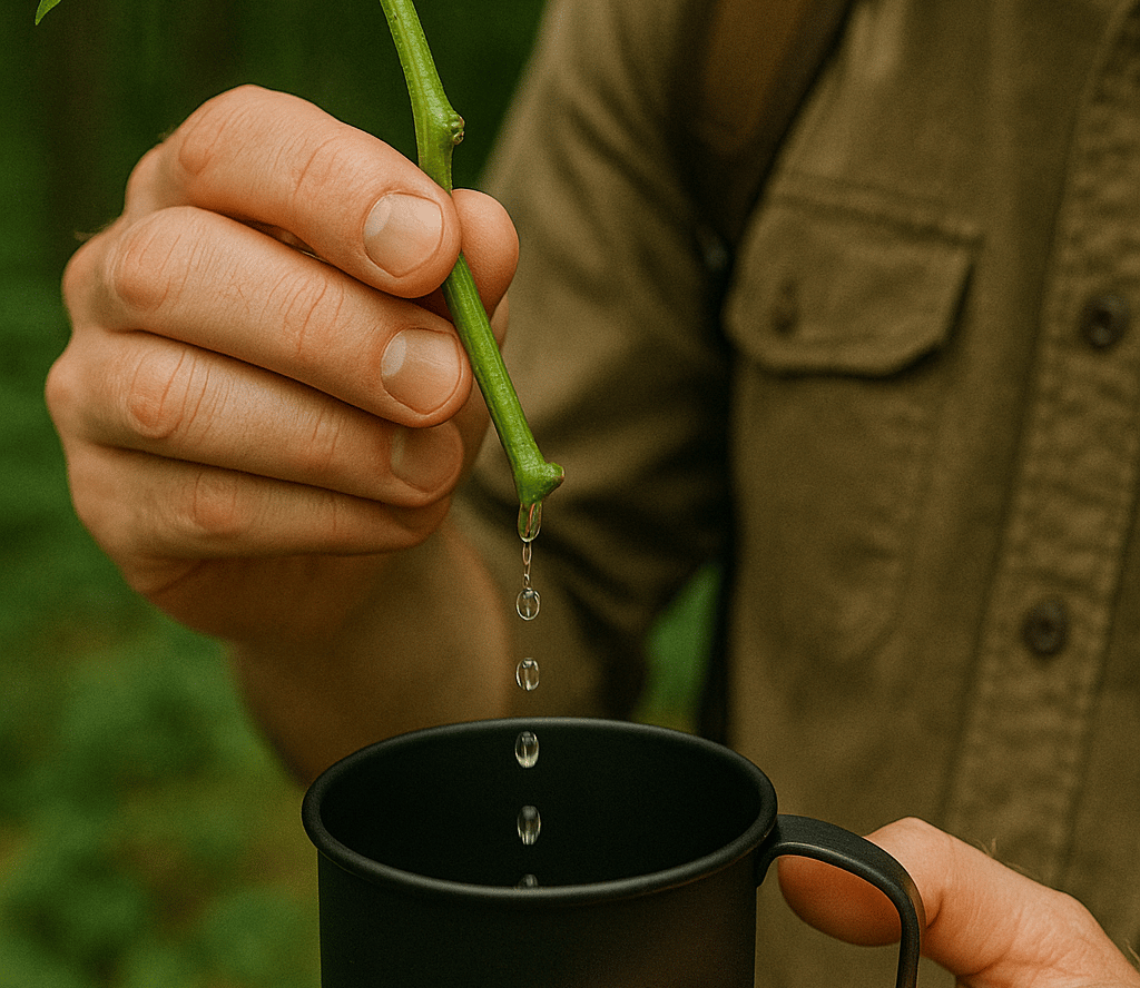 Outdoor survival water collection by plant stem into cup, natural hydration technique in wilderness emergency
