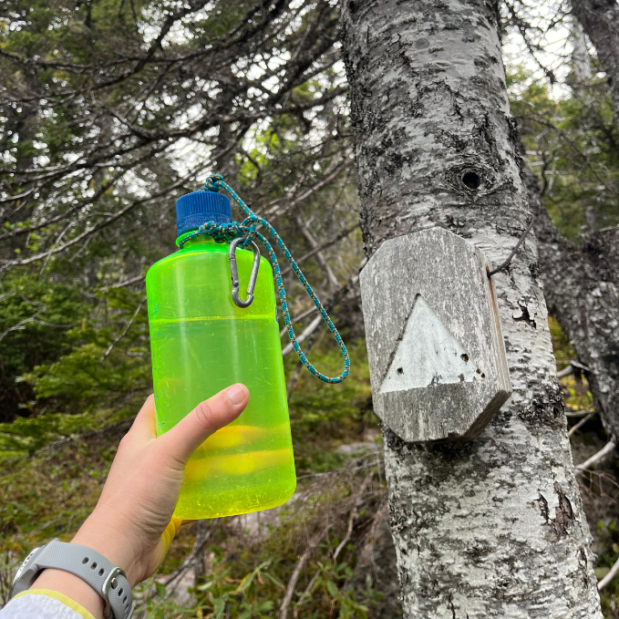 Hiker holding a reusable Nalgene bottle during a scenic hike.