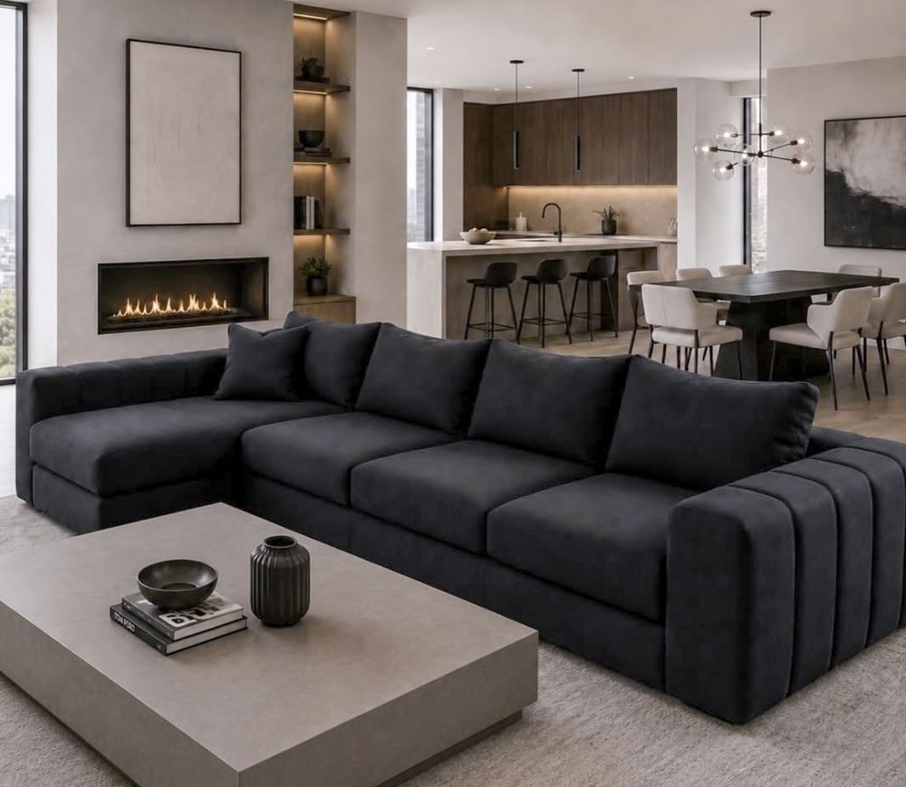 Black custom sectional sofa in modern open living room
