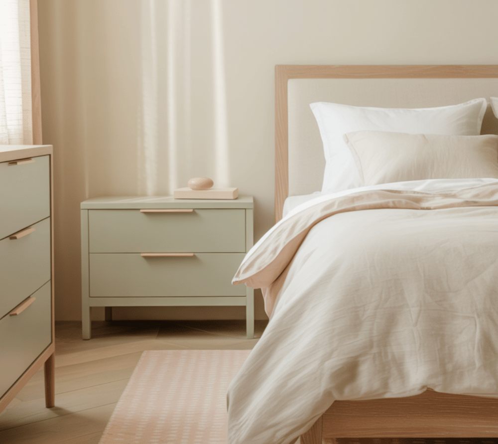 Minimalist bedroom with a sage green nightstand, wooden bed frame, and neutral linens on a patterned rug.