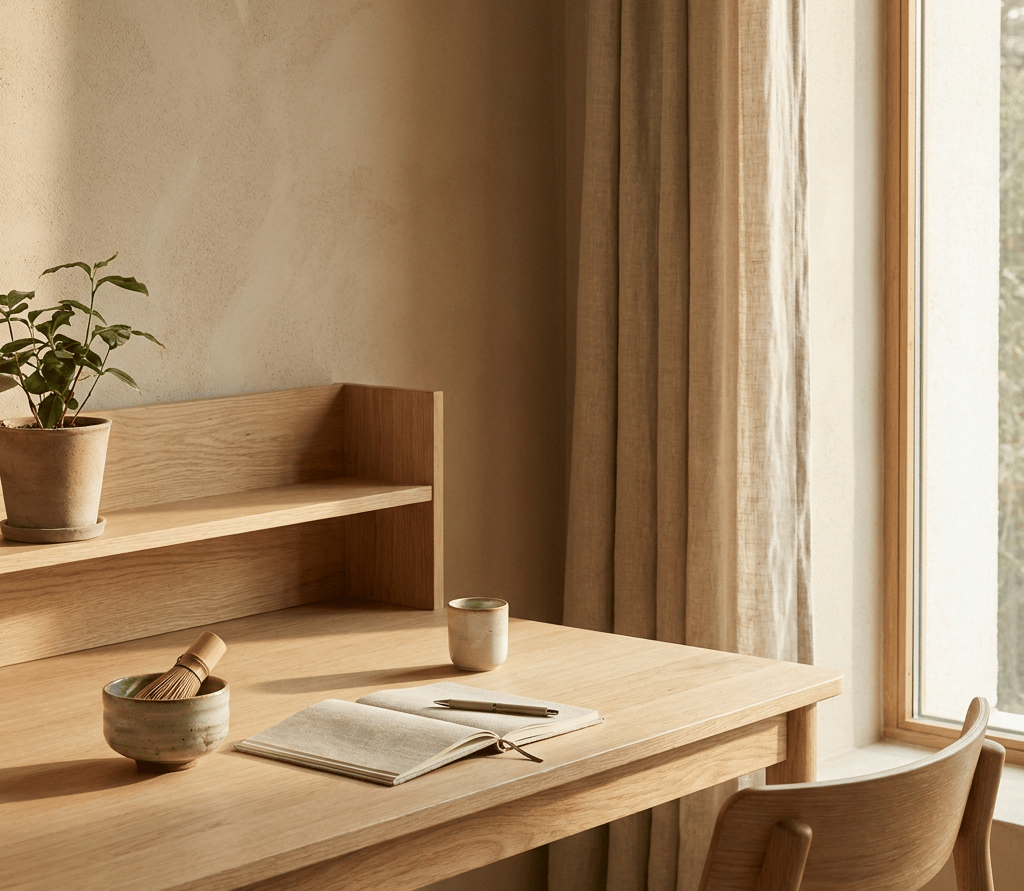 Matcha and coffee displayed side by side in a minimalist workspace comparing focus and energy routin