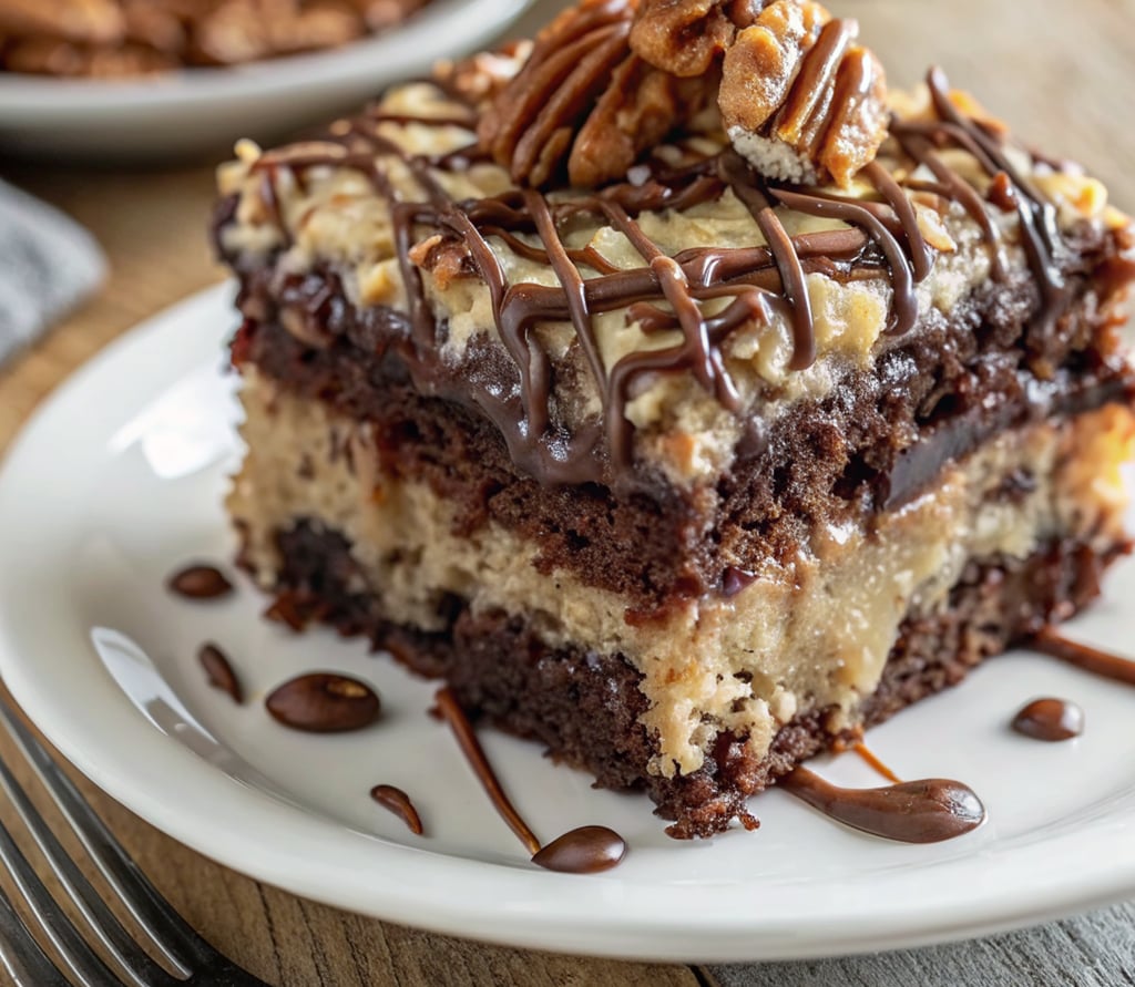 “Moist German Chocolate Poke Cake topped with coconut and pecans”