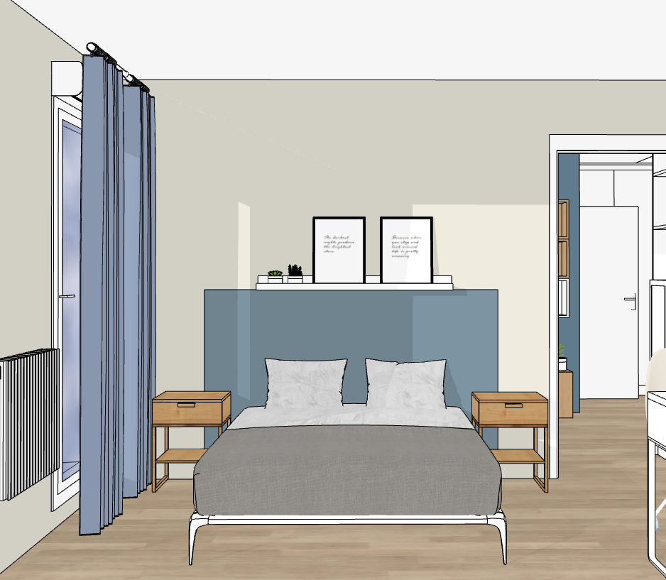 a bedroom with a bed and a desk