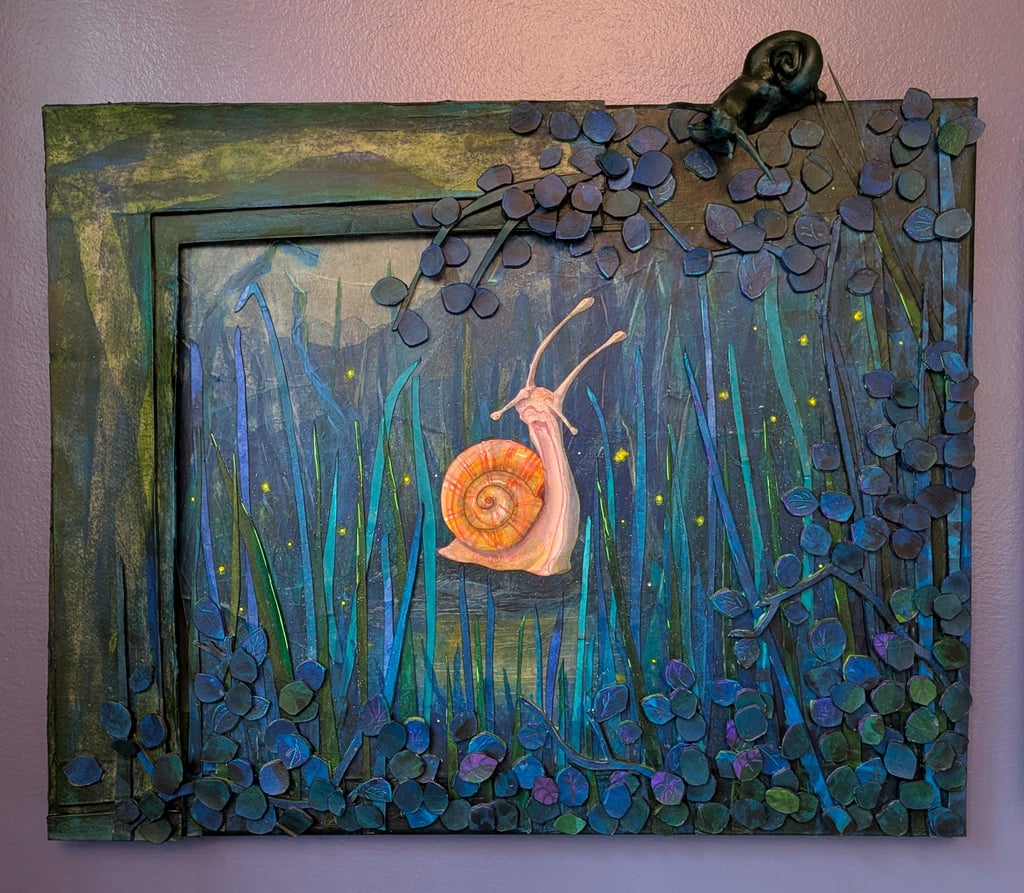 Snail in an evening lit scene surrounded by vines with a sculpted snail atop the canvas looking down and in. Multimedia 3D.