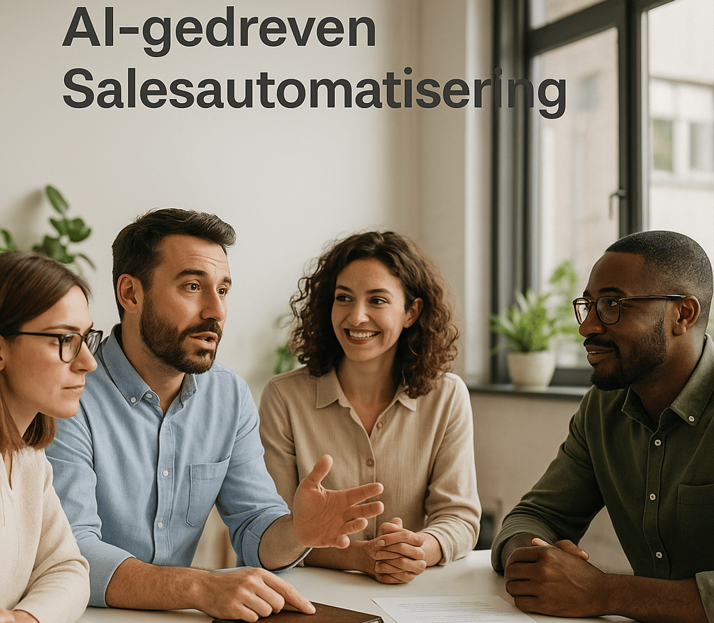 Salesteam overlegt in een moderne kantoorruimte met natuurlijke lichtinval.