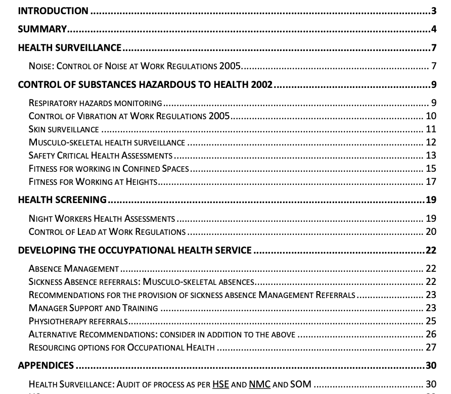 Report on occupational health needs analysis