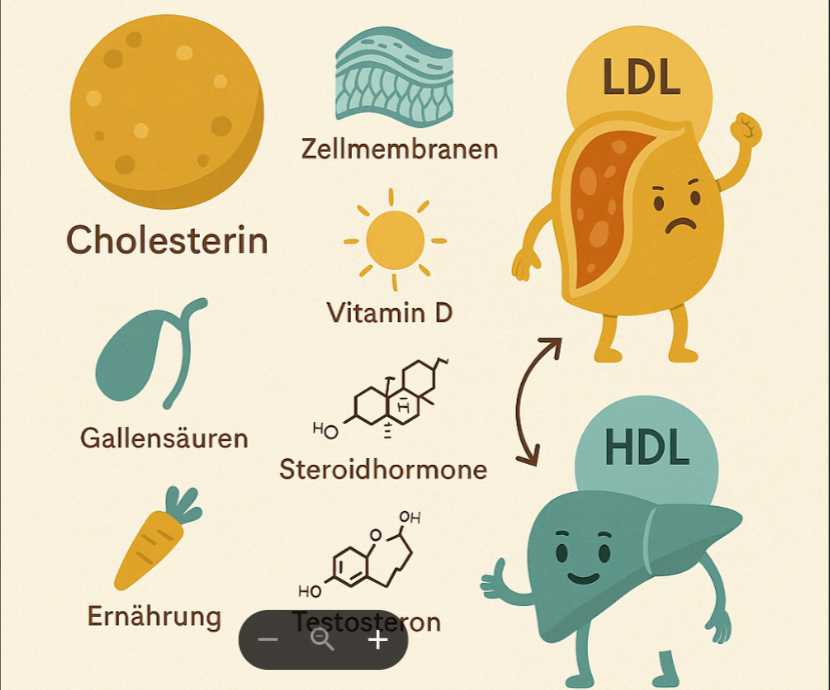 Grafik zur Cholesterinaufklärung: zeigt die vielfältigen Funktionen von Cholesterin im Körper – von 