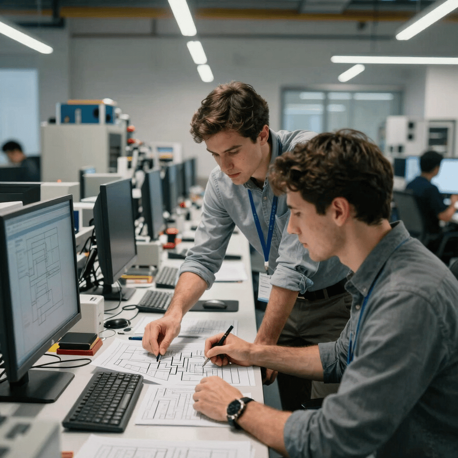 Wide environmental shot of a busy engineering office, two professionals reviewing technical documents spread across a standing desk under cool overhead lighting, one pointing at a circuit diagram, real industrial equipment visible in the background, mid-distance framing