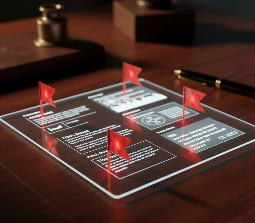 Holographic glass tablet on a wooden desk displaying data charts and four glowing red flags.