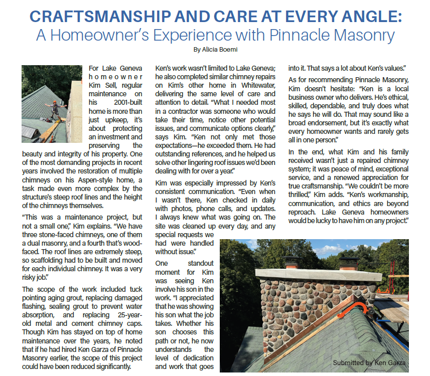 chimney repair customer testimonial from Geneva Lake Wisconsin