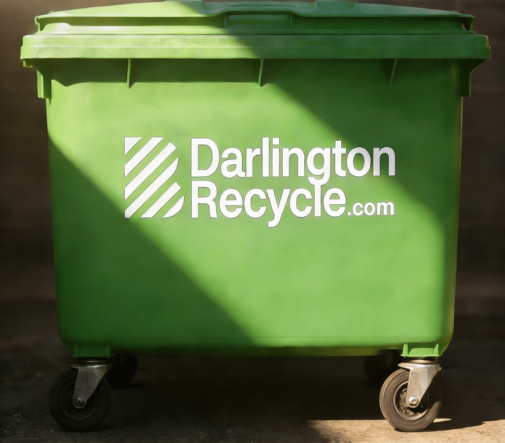 A Darlington Recycle commercial wheelie bin for recycling commercial waste.
