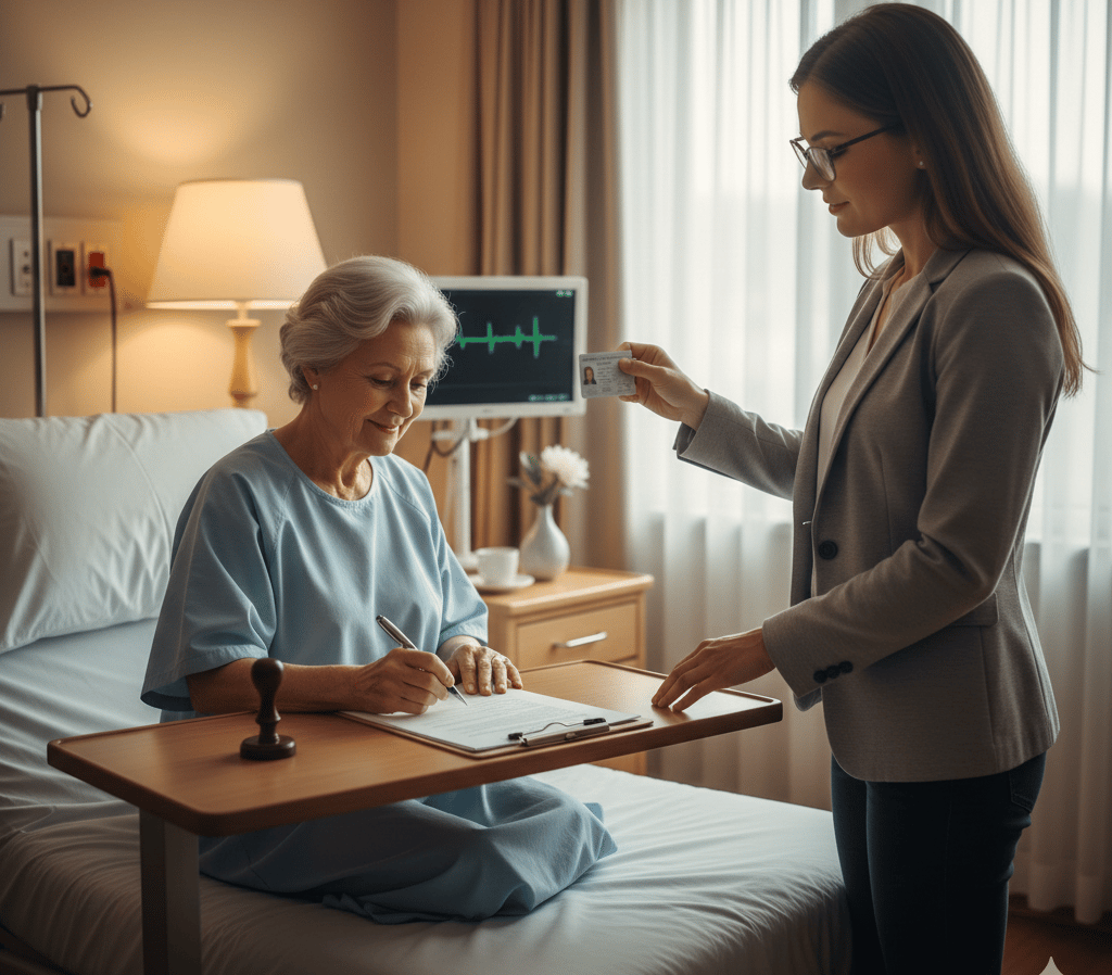Mobile notary assisting a patient with hospital bedside document signing