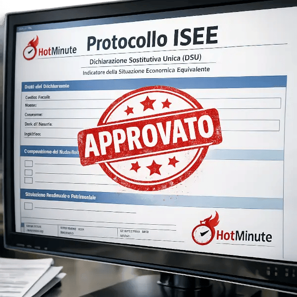 Schermo che mostra il modulo "Protocollo ISEE" (DSU) con timbro rosso APPROVATO.