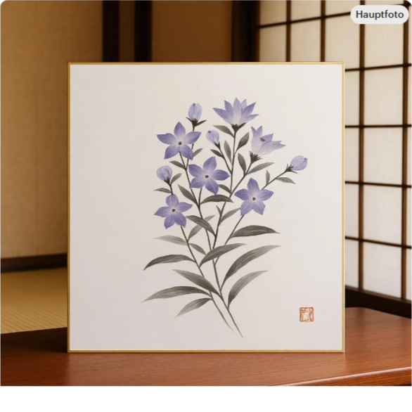 Japanisches Shikishi mit zarter floraler Tusche- und Aquarellmalerei in Violett, gerahmt mit goldfar