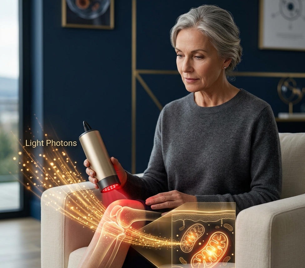 Elder woman using red light therapy on her joint