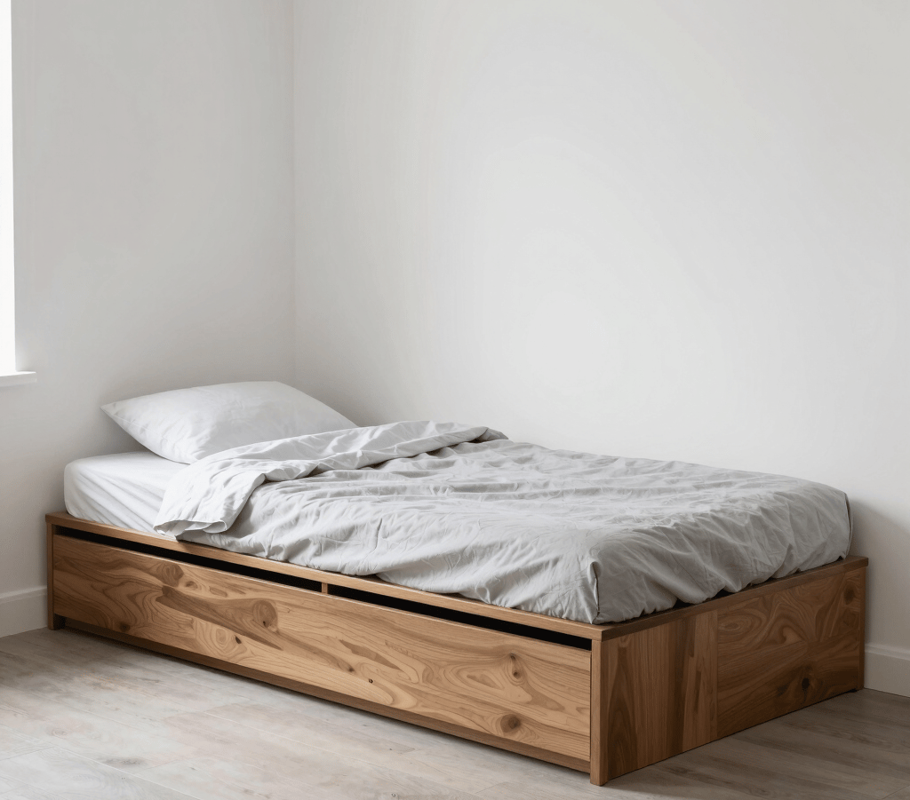 A small bedroom with a storage bed and minimal furniture arranged for maximum space