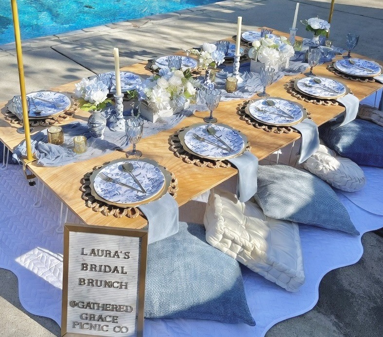 Blue & white toile china styled luxury picnic Southern elegant gatherings by Gathered Grace Picnic
