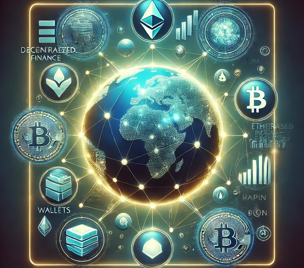 a picture of a globe with a cryptocoins around it