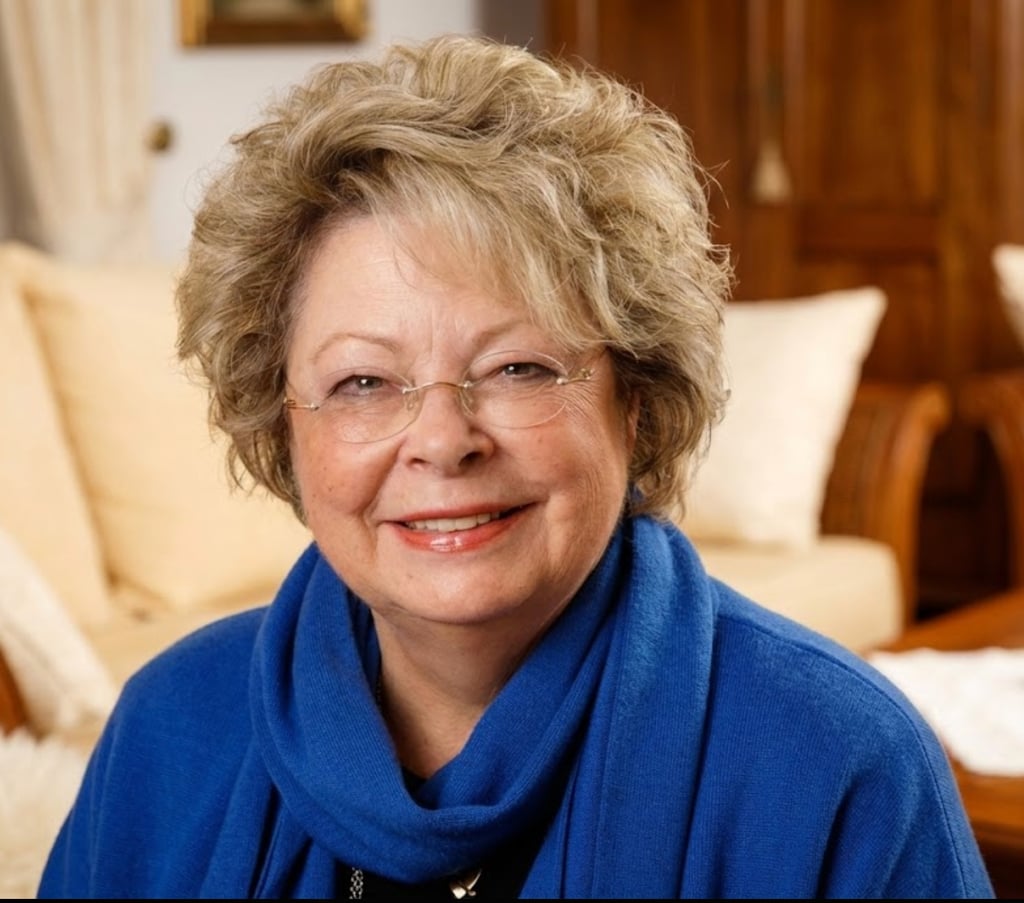 Smiling senior woman with short blonde hair and glasses wearing a blue scarf in a living room.