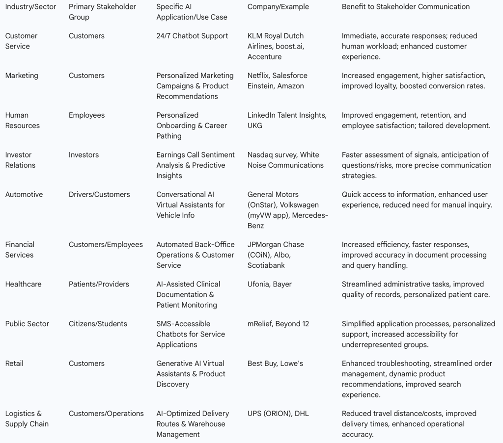 Table 3: Industry-Specific AI Use Cases in Stakeholder Communication
