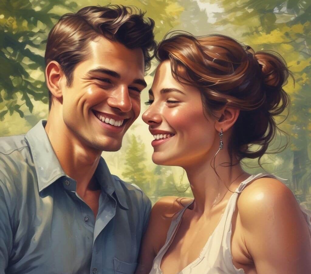  A vibrant painting depicting a couple in love, smiling warmly at each other, showcasing their deep affection.