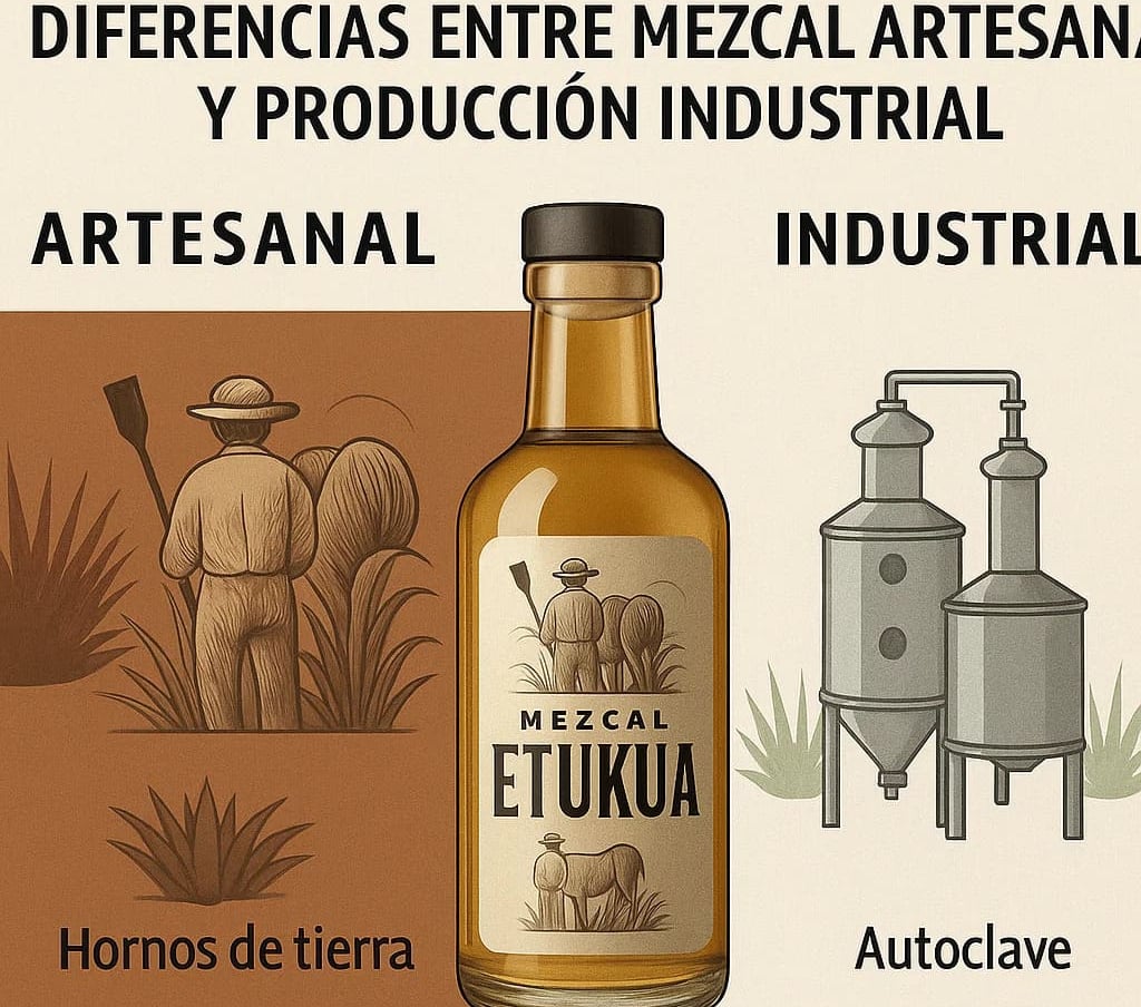Comparación visual entre el proceso artesanal y industrial del mezcal, mostrando métodos tradicional