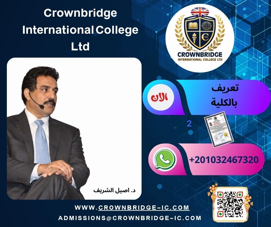 Dr. Aseel Al-Sharif presenting for Crownbridge International College with contact details and QR code.
