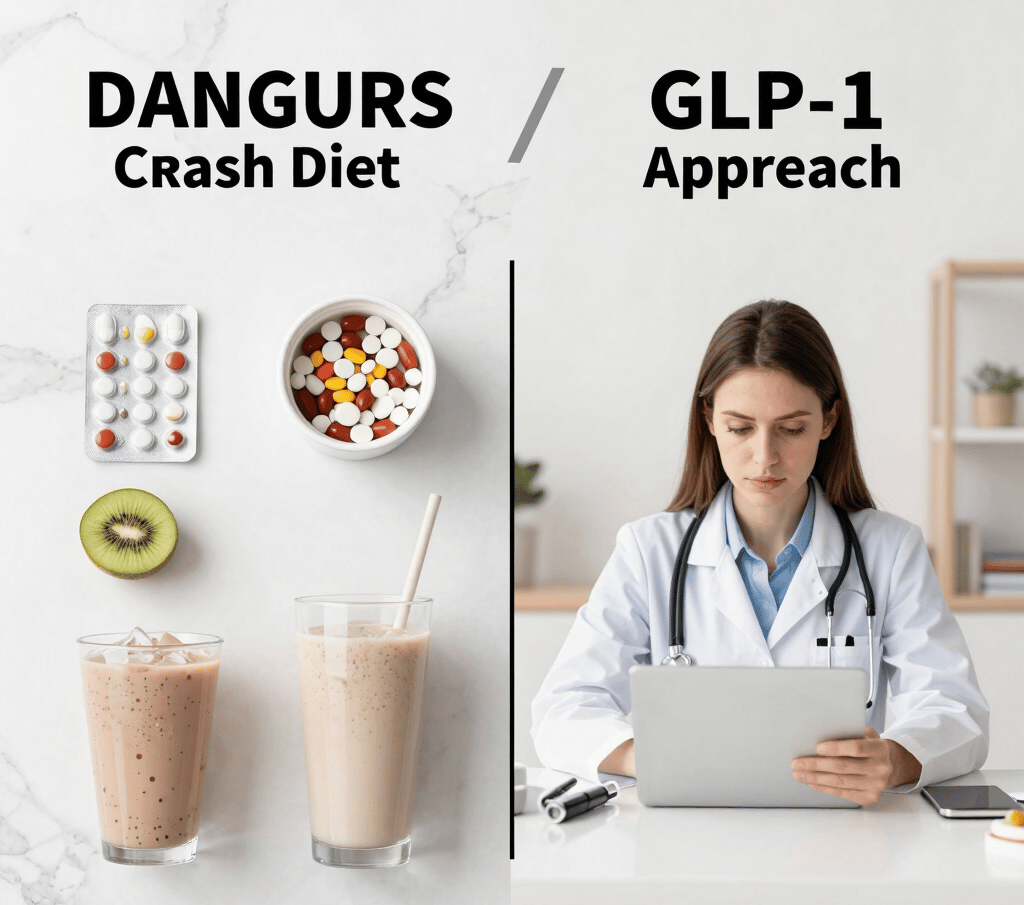 Dangerous extreme weight loss methods compared to safe best fasting with Yucca Health GLP-1 treatmen