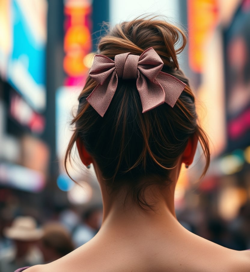 messy top knot with mauve bow for casual city style