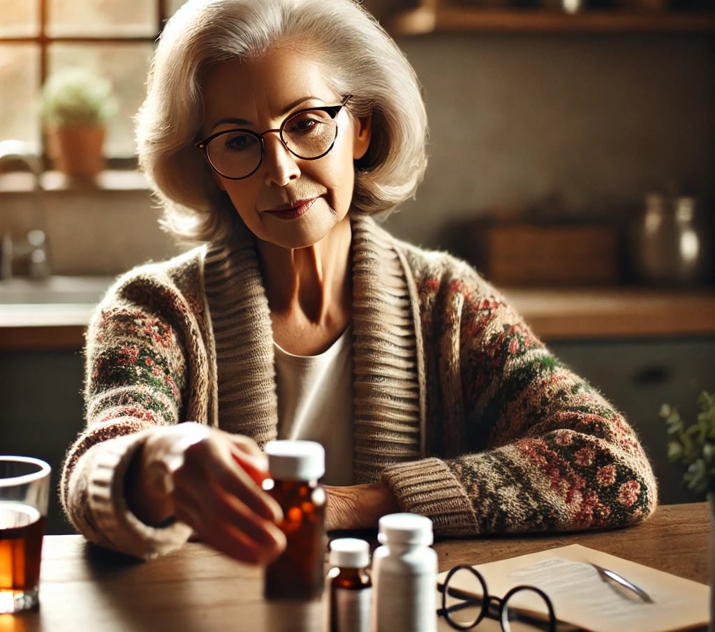 older woman reaching for medication