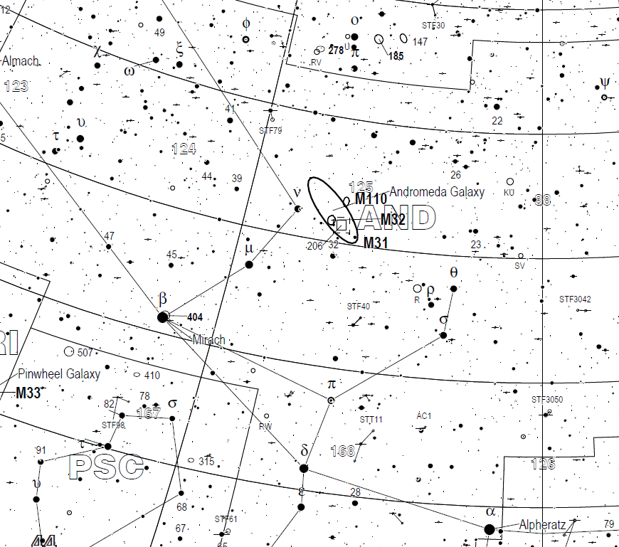 Fragmento de las Cartas Celestes Triatlas-A que muestra la constelación y galaxia de Andrómeda