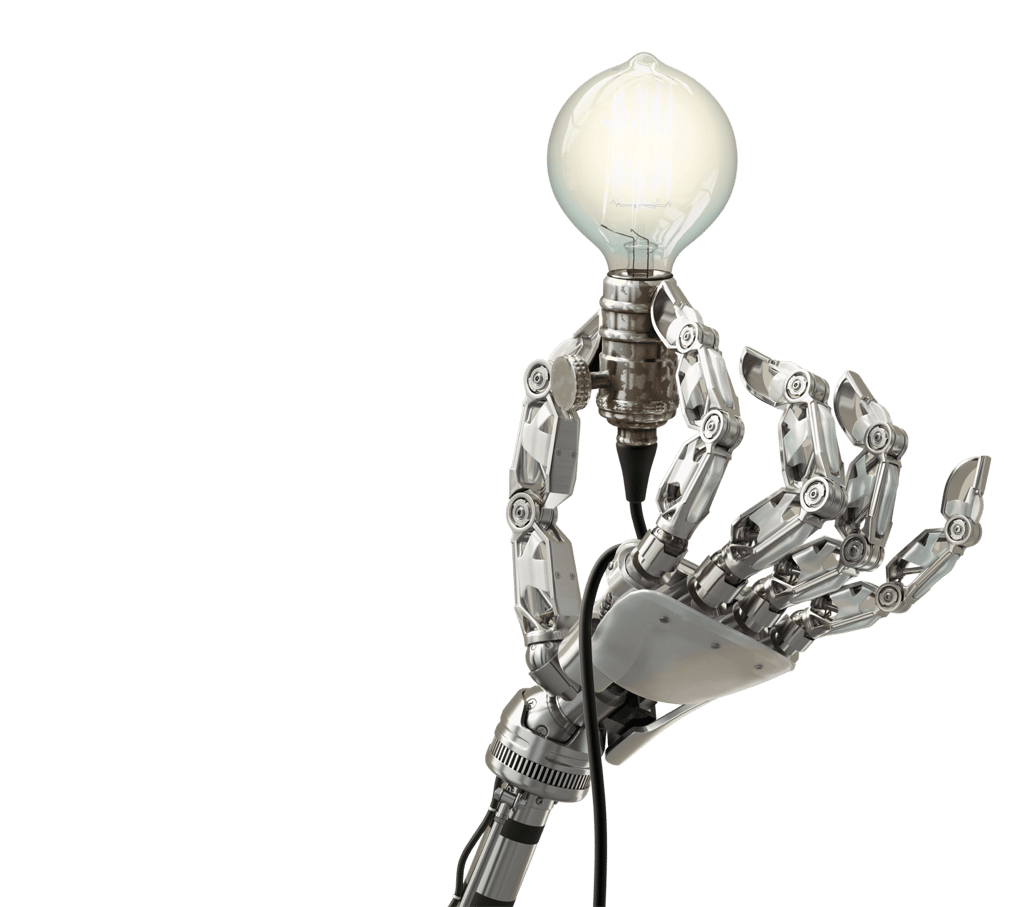 robotic hand holding a light bulb