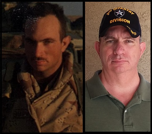 Image is of 2 photographs of UAV Chair Travis Burns. On the left is a photo from when the was active