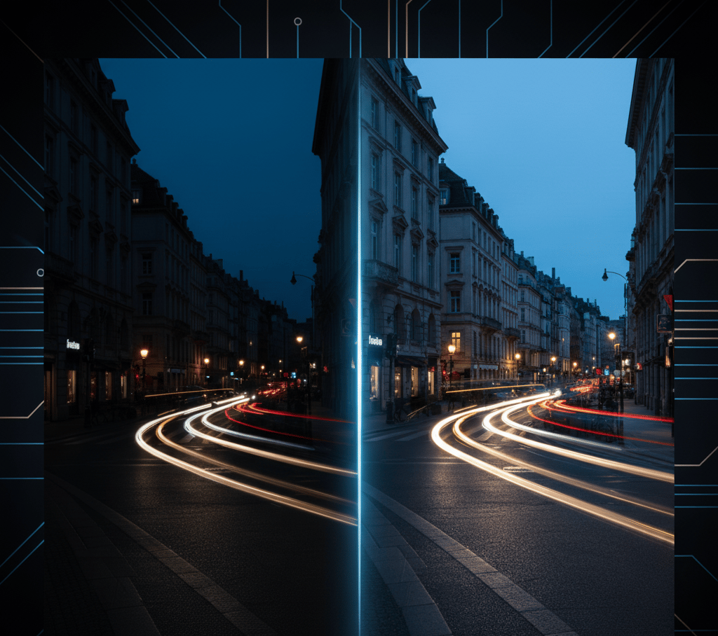 Uma cena de rua urbana com um poste de luz em primeiro plano.