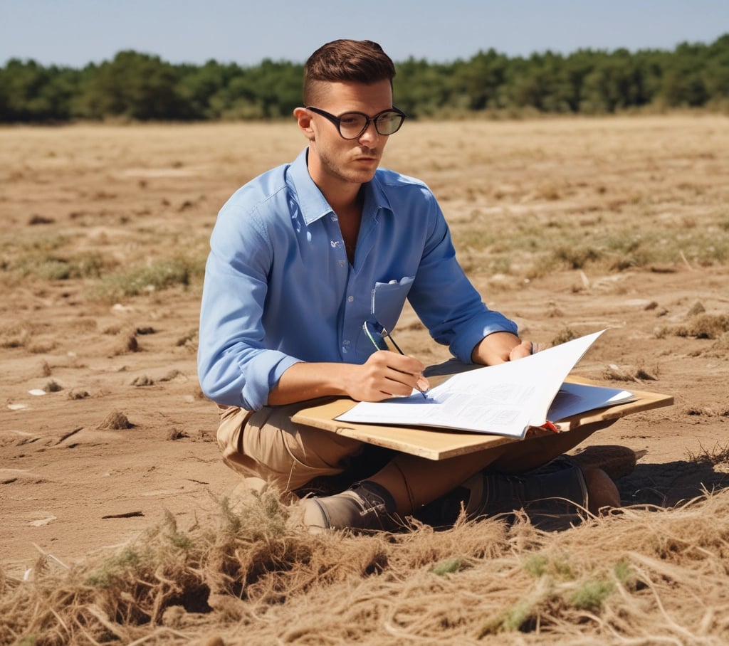 a man sitting on a wooden table with a pen and paper