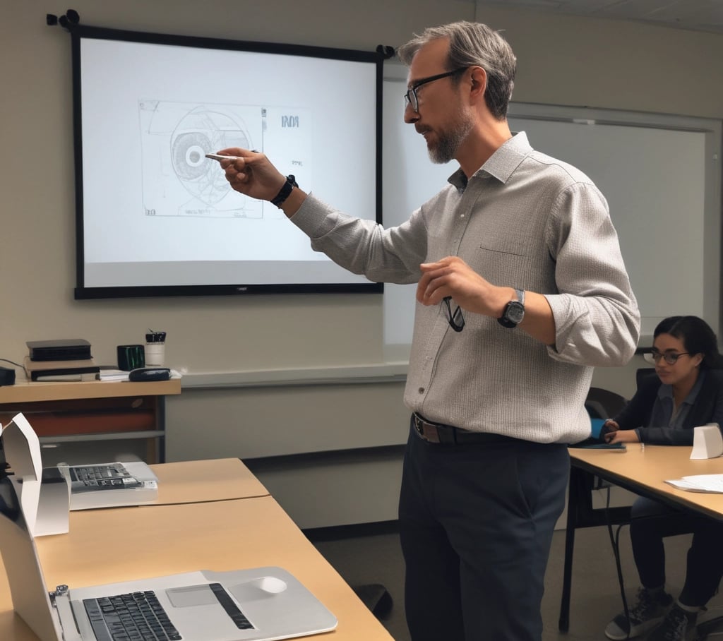 A teacher using a tablet in a bright classroom filled with engaged students.